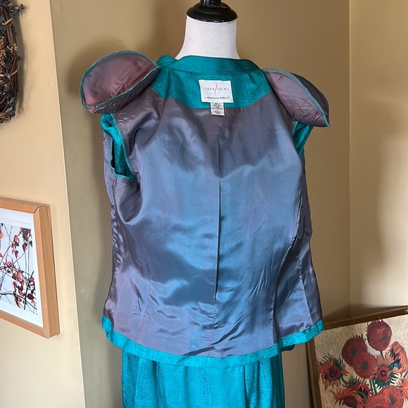 Vtg Y2K ADRIANNA PAPELL Size 12 Safe Silk Emerald 100% Silk Skirted Suit Asian - Picture 13 of 16
